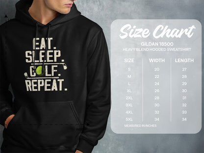 Hooded sweatshirt with "Eat. Sleep. Golf. Repeat." graphic and size chart.
