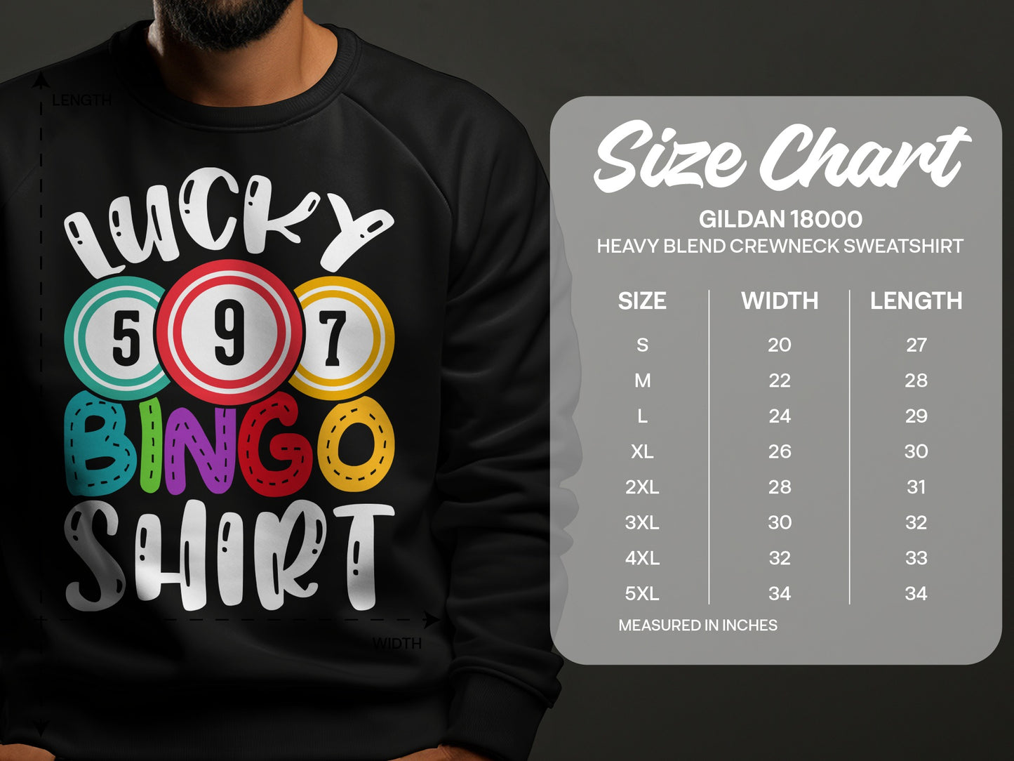 Black sweatshirt with "LUCKY BINGO SHIRT" graphic and size chart.