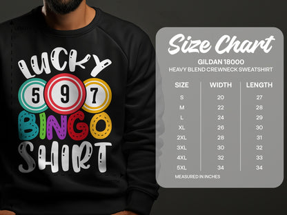 Black sweatshirt with "LUCKY BINGO SHIRT" graphic and size chart.