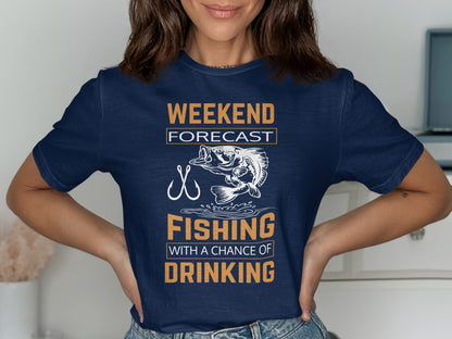 Navy t-shirt with "WEEKEND FORECAST FISHING WITH A CHANCE OF DRINKING" text and fish graphic.