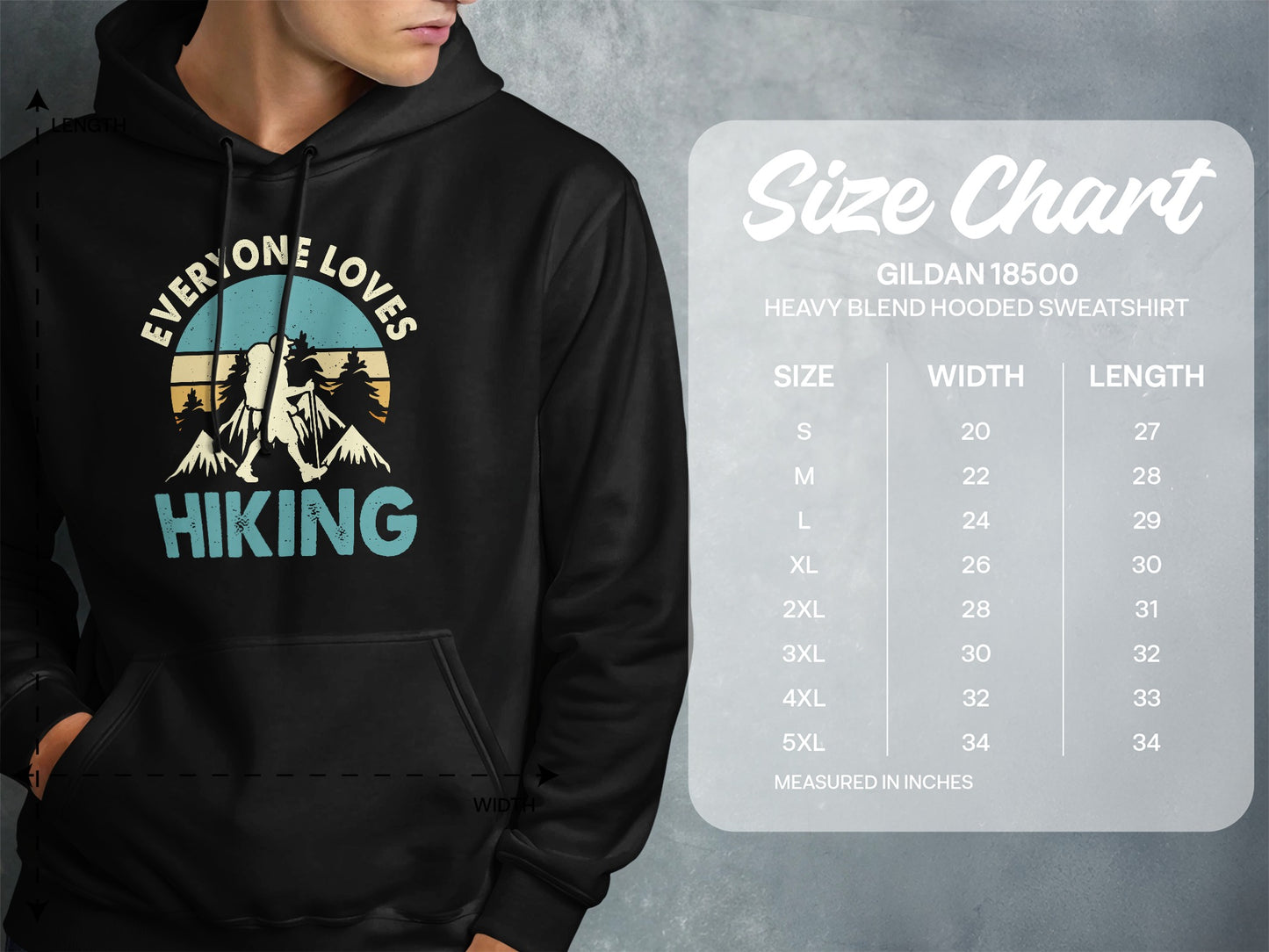Hoodie with "EVERYONE LOVES HIKING" text and mountain graphic, alongside size chart.