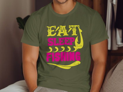Green t-shirt with "Eat Sleep Fishing" text and fishing hook design.