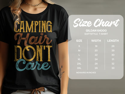 T-shirt size chart showing width and length measurements for Gildan 64000 Softstyle T-shirts.