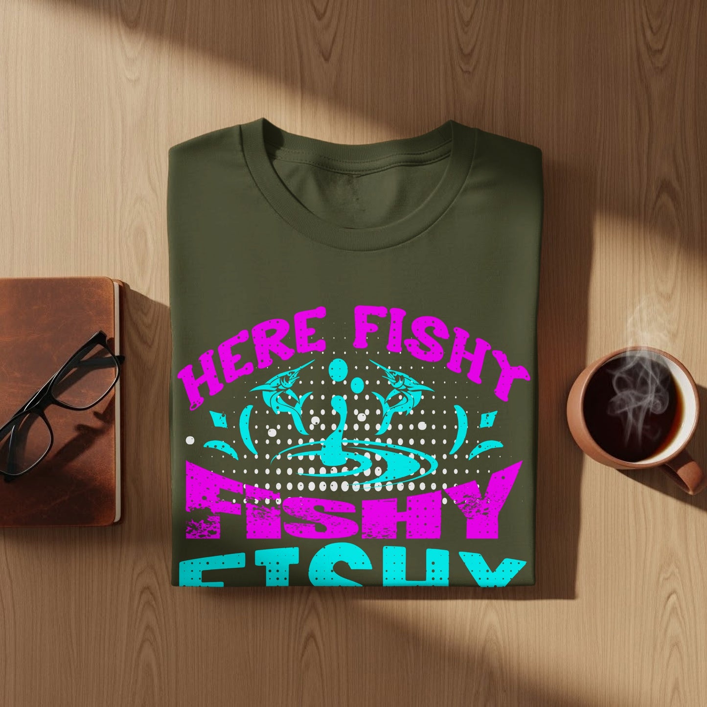 Olive green t-shirt with "HERE FISHY FISHY" text and fish graphic.
