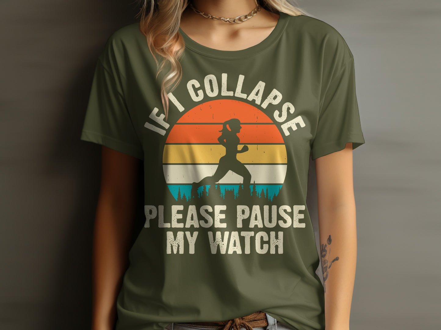 T-shirt graphic with sunset, runner, and text: "If I Collapse Please Pause My Watch."