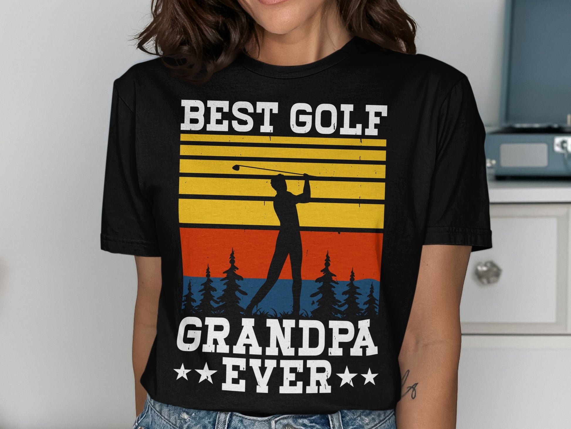 Black t-shirt with "BEST GOLF GRANDPA EVER" and a golfer silhouette.