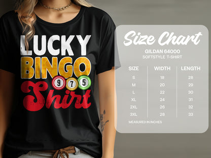 Black t-shirt with "LUCKY BINGO Shirt" and size chart.