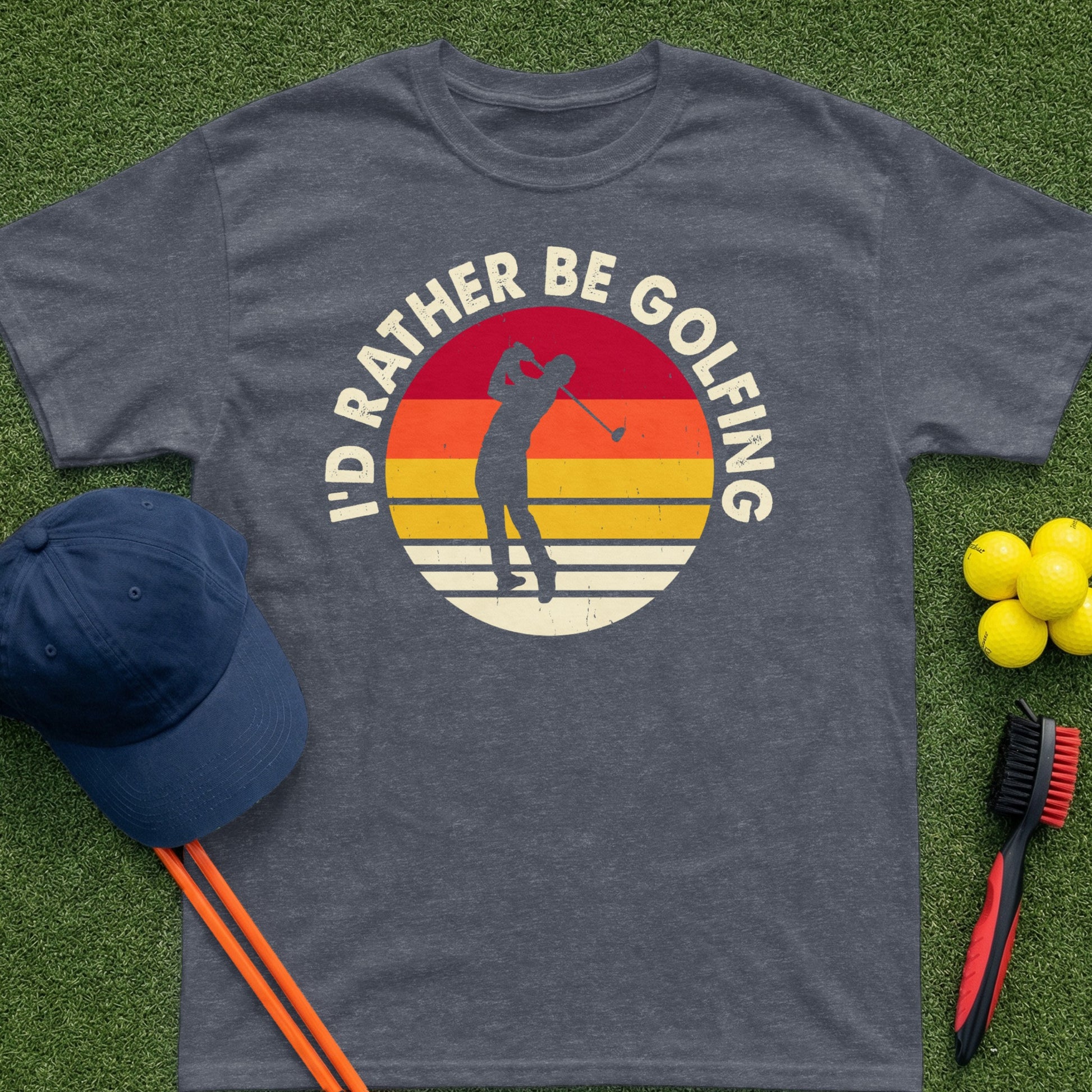 Dark grey t-shirt with vintage sunset golfer graphic and text "I'd Rather Be Golfing".