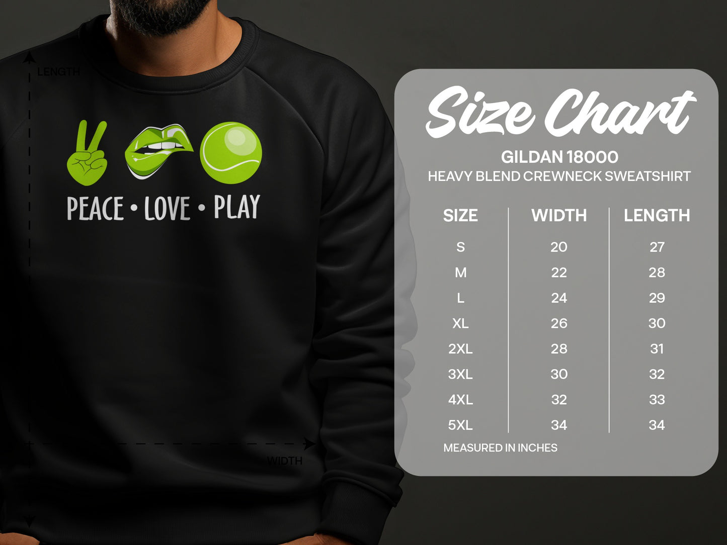 Gildan 18000 sweatshirt size chart with "Peace Love Play" graphic.