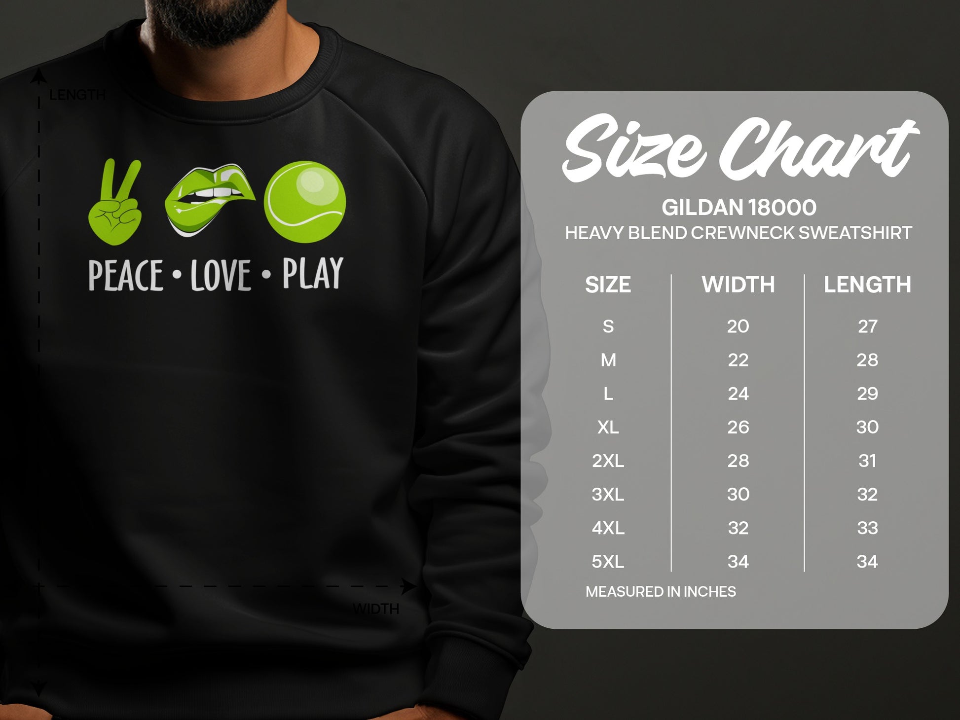 Gildan 18000 sweatshirt size chart with "Peace Love Play" graphic.