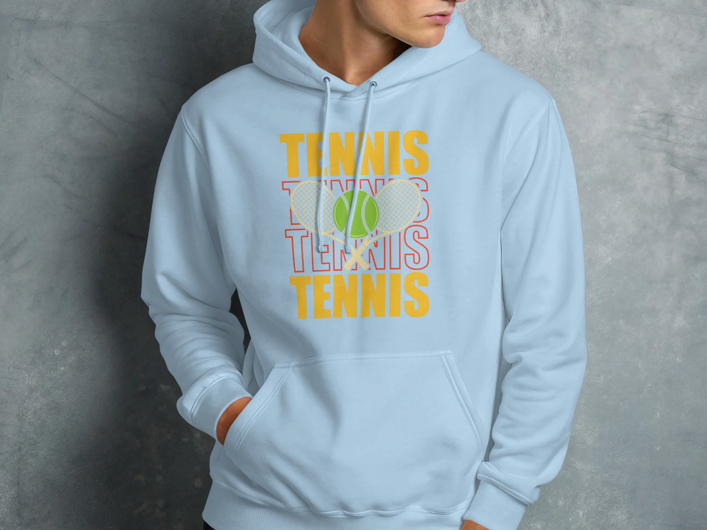 Light blue hoodie with "TENNIS" text and tennis ball graphic.