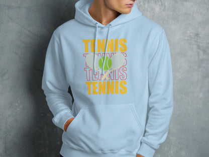 Light blue hoodie with "TENNIS" text and tennis ball graphic.