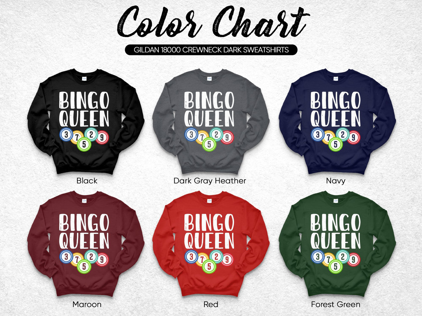 Color chart showing six Gildan 18000 crewneck sweatshirts in Black, Dark Gray, Navy, Maroon, Red, and Forest Green.