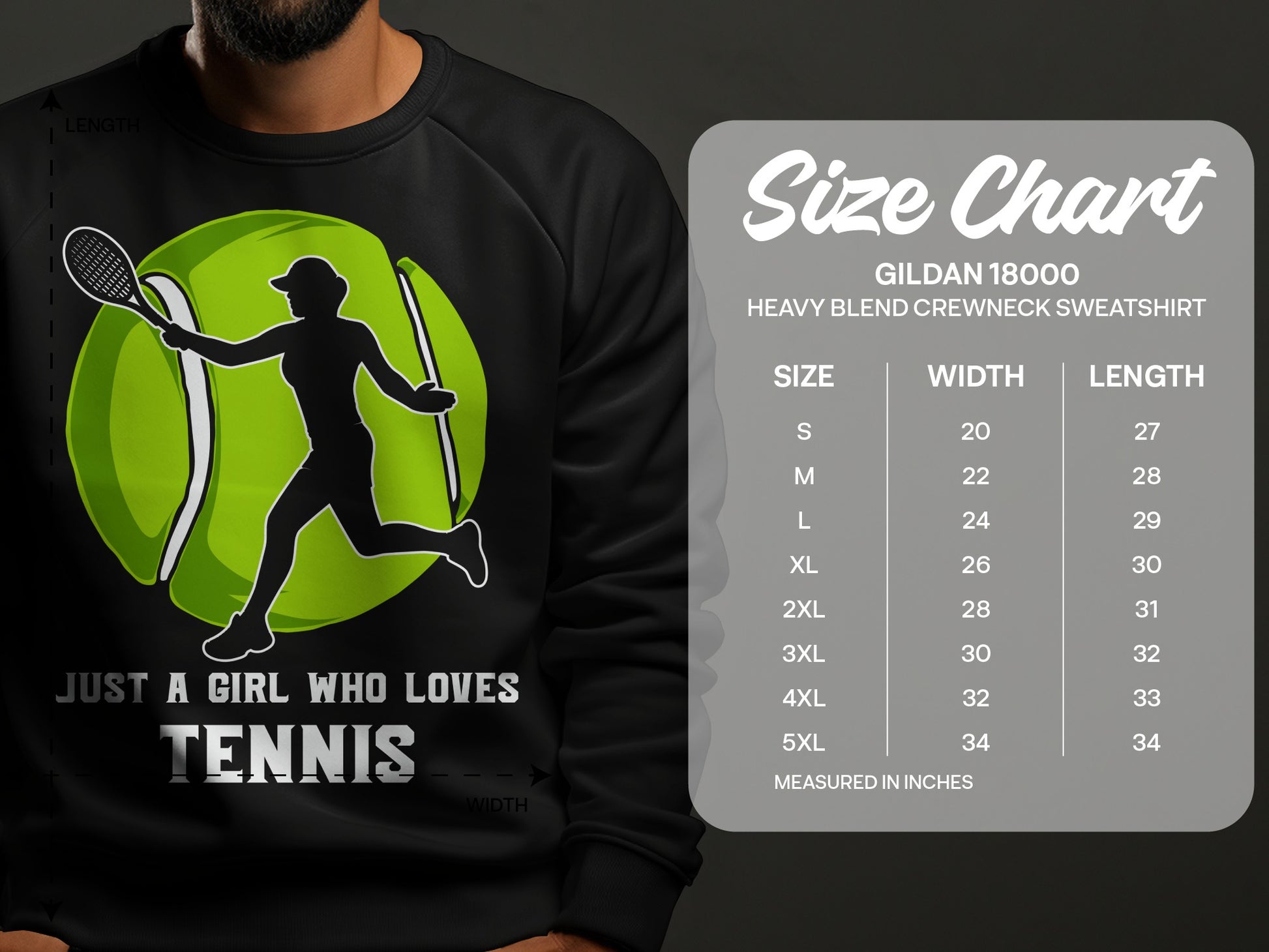 Gildan 18000 sweatshirt size chart with tennis graphic and text "Just a girl who loves tennis."