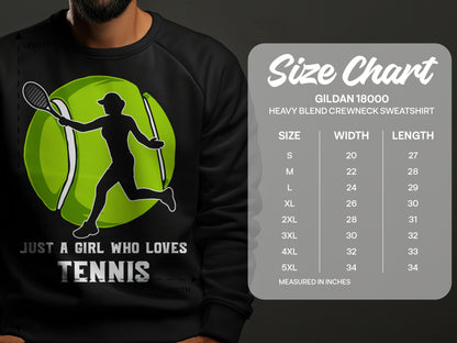 Gildan 18000 sweatshirt size chart with tennis graphic and text "Just a girl who loves tennis."