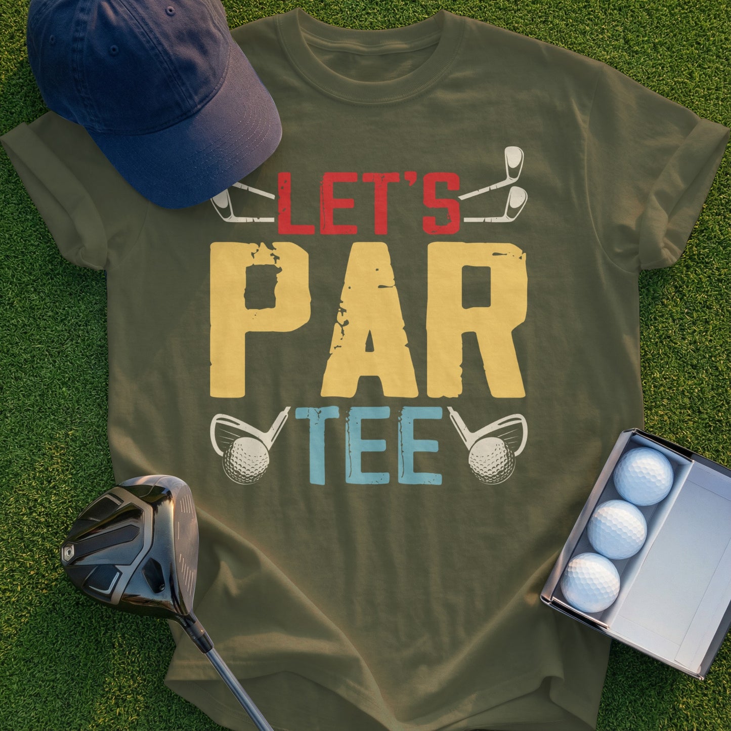 Olive green t-shirt with "Let's Par Tee" text and golf clubs.