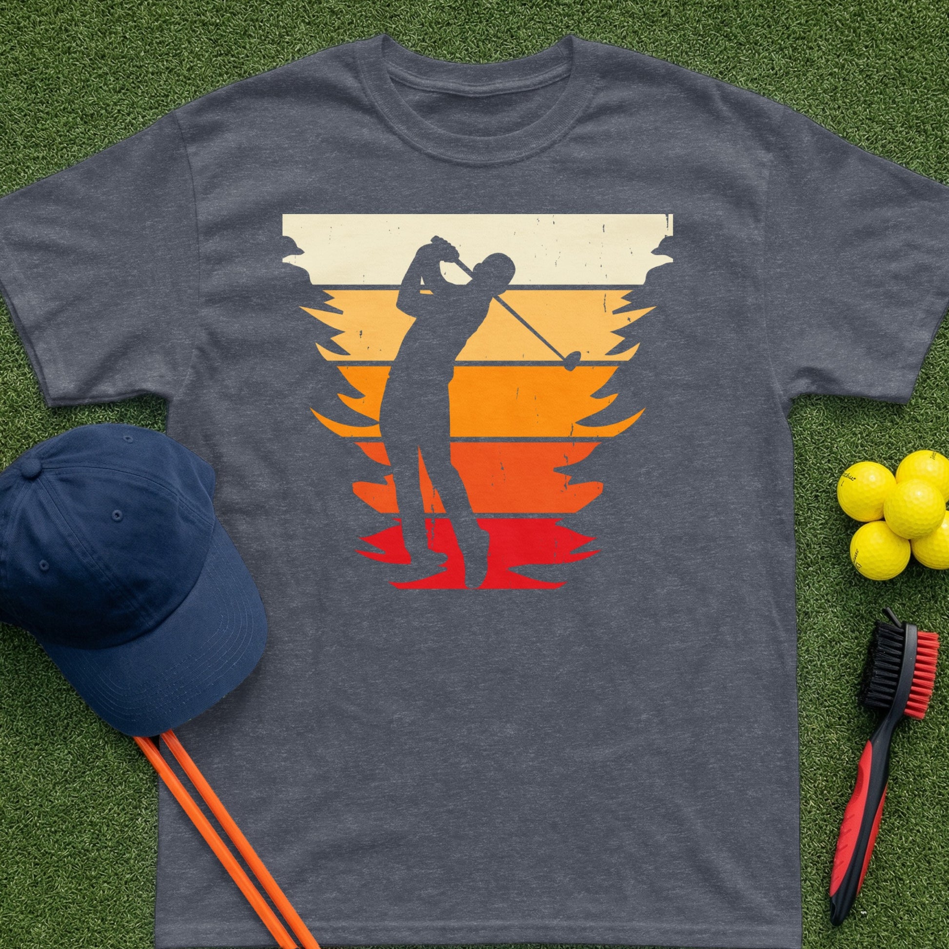 Dark grey t-shirt with a retro silhouette of a golfer mid-swing.