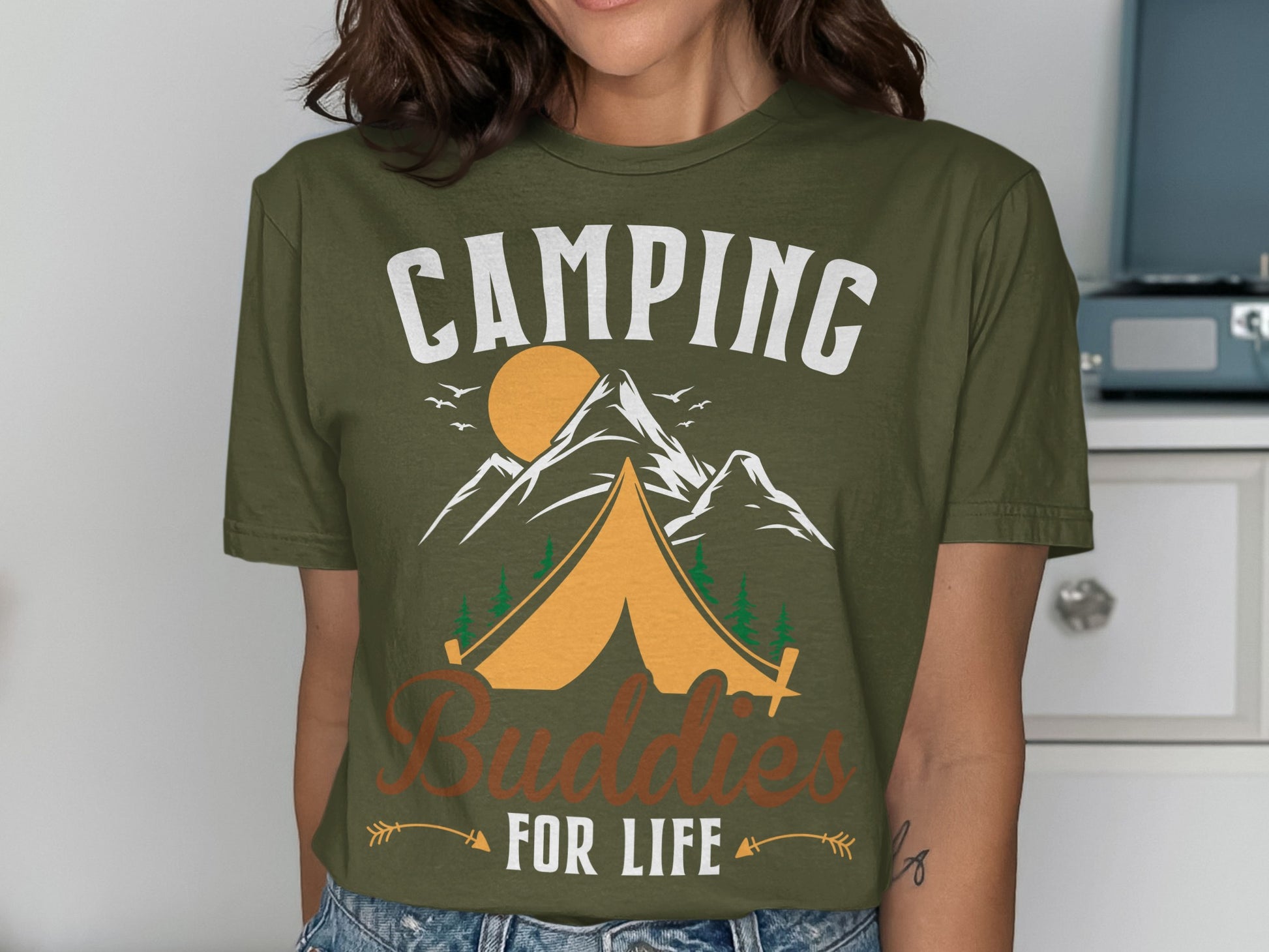 Olive green t-shirt with "Camping Buddies For Life" graphic and mountain scene.