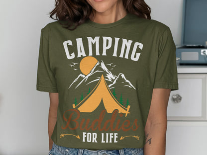 Olive green t-shirt with "Camping Buddies For Life" graphic and mountain scene.
