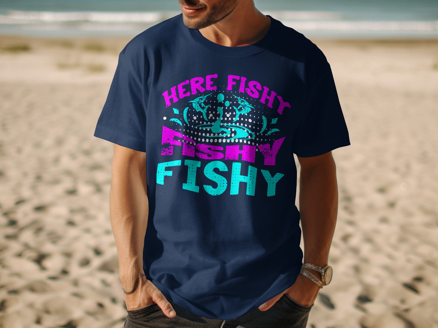Navy t-shirt with "Here Fishy Fishy" text and crown graphic.