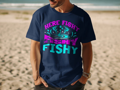 Navy t-shirt with "Here Fishy Fishy" text and crown graphic.