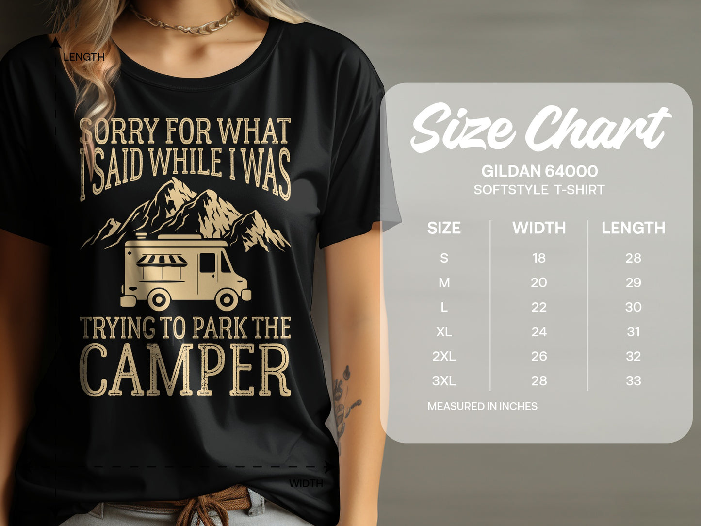 Black t-shirt with camper graphic and "Sorry for what I said" text, plus size chart.
