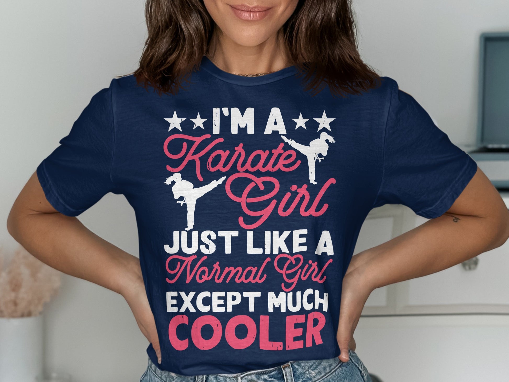 Navy t-shirt with "I'm a Karate Girl, Just Like a Normal Girl Except Much Cooler" text.