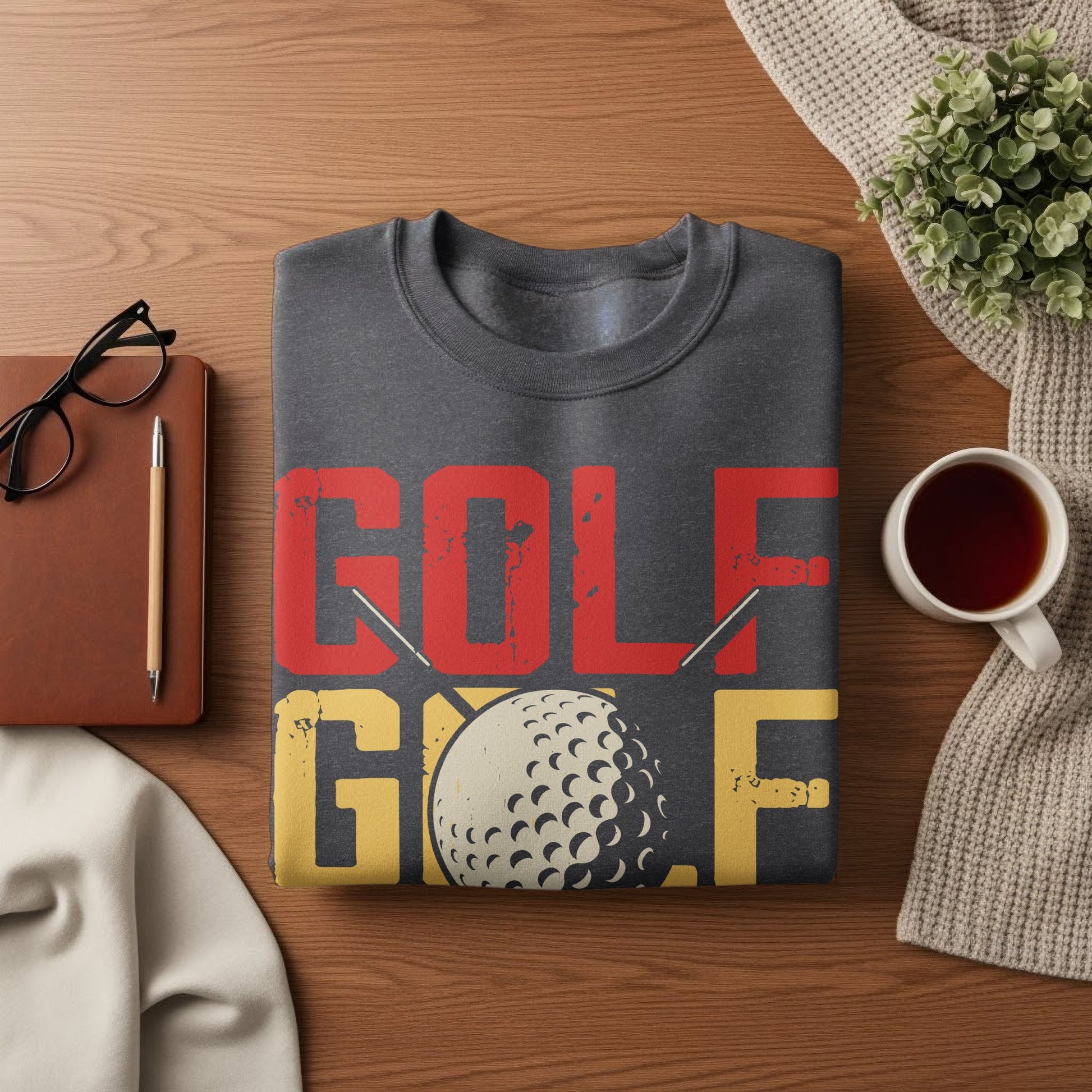 Dark gray sweatshirt with "GOLF" in red and yellow, featuring a golf ball.