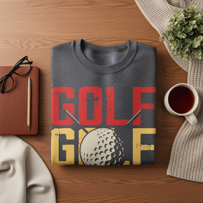Dark gray sweatshirt with "GOLF" in red and yellow, featuring a golf ball.