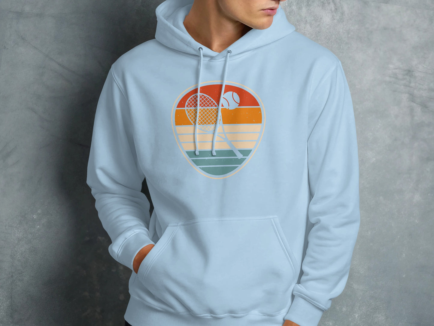 Light blue hoodie with retro tennis graphic on chest.