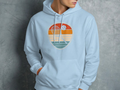 Light blue hoodie with retro tennis graphic on chest.