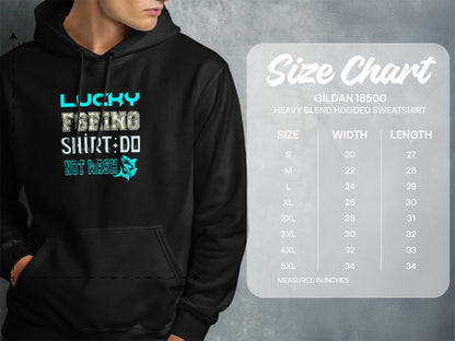 Hoodie with "LUCKY BEING SHIRT DO NOT WASH" text and a size chart.