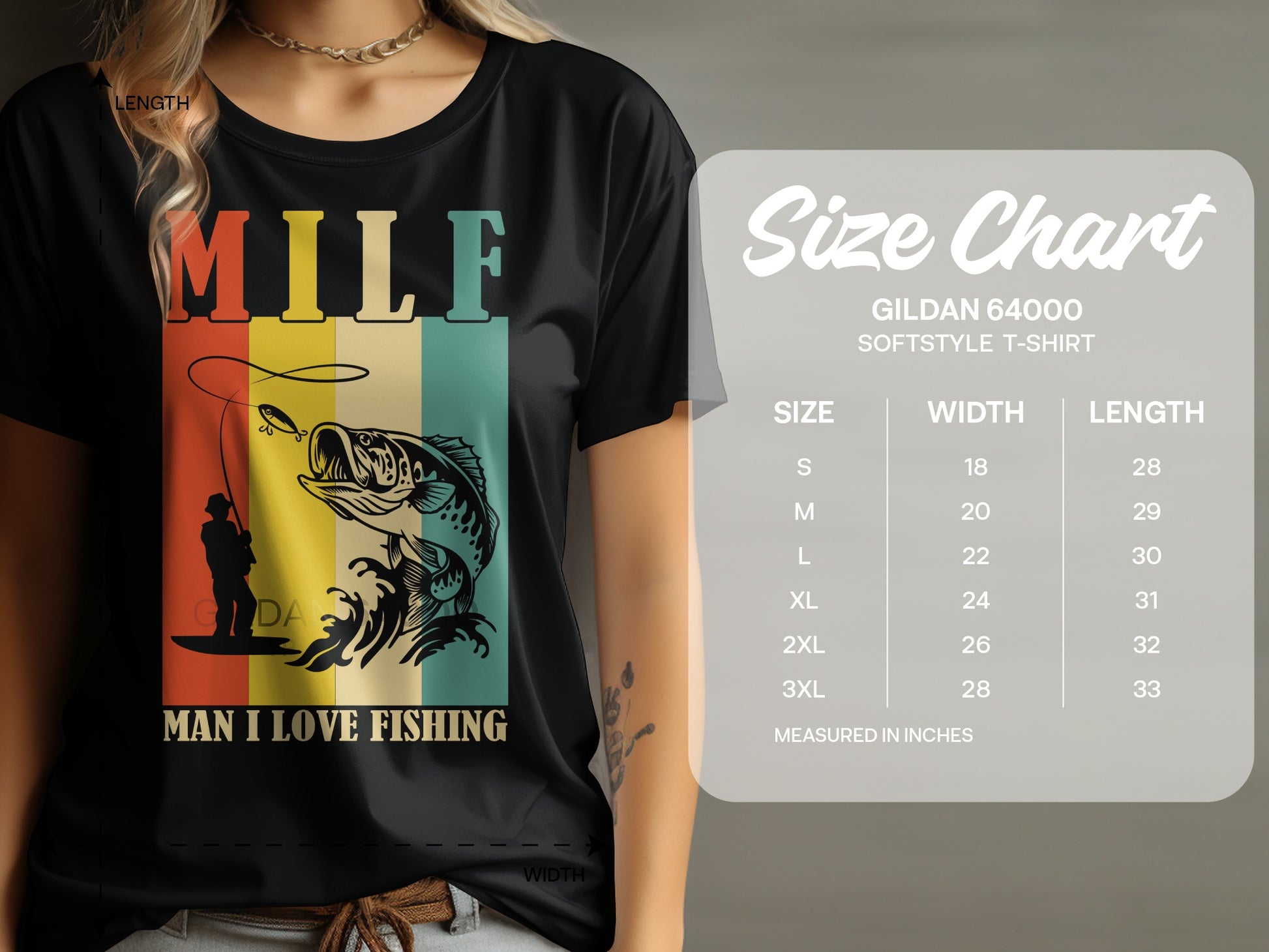 T-shirt with "MILF MAN I LOVE FISHING" graphic and size chart.