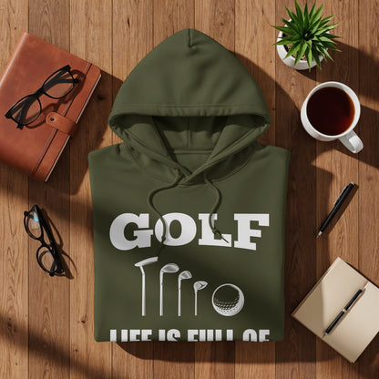 Olive green hoodie with "GOLF" and golf club graphic.