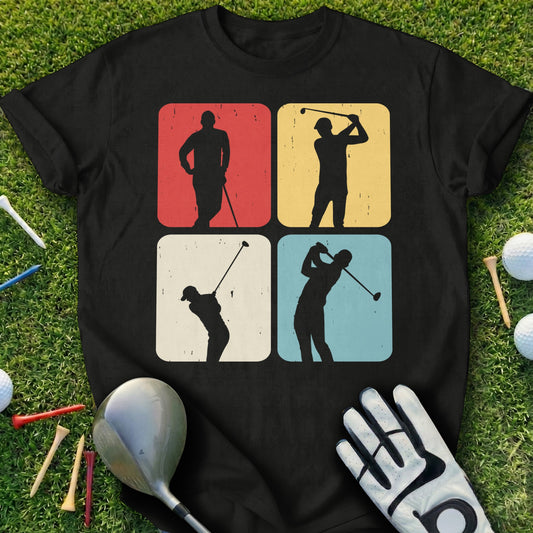 Black t-shirt with four square blocks depicting golfers in silhouette.