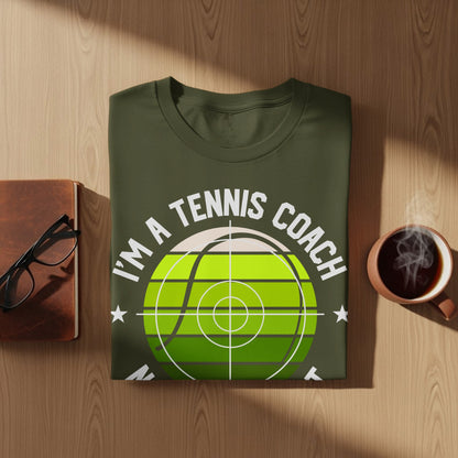 Olive green t-shirt with "I'm a tennis coach" and a tennis ball graphic.