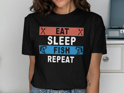 Black t-shirt with "Eat Sleep Fish Repeat" text and crossed utensils.