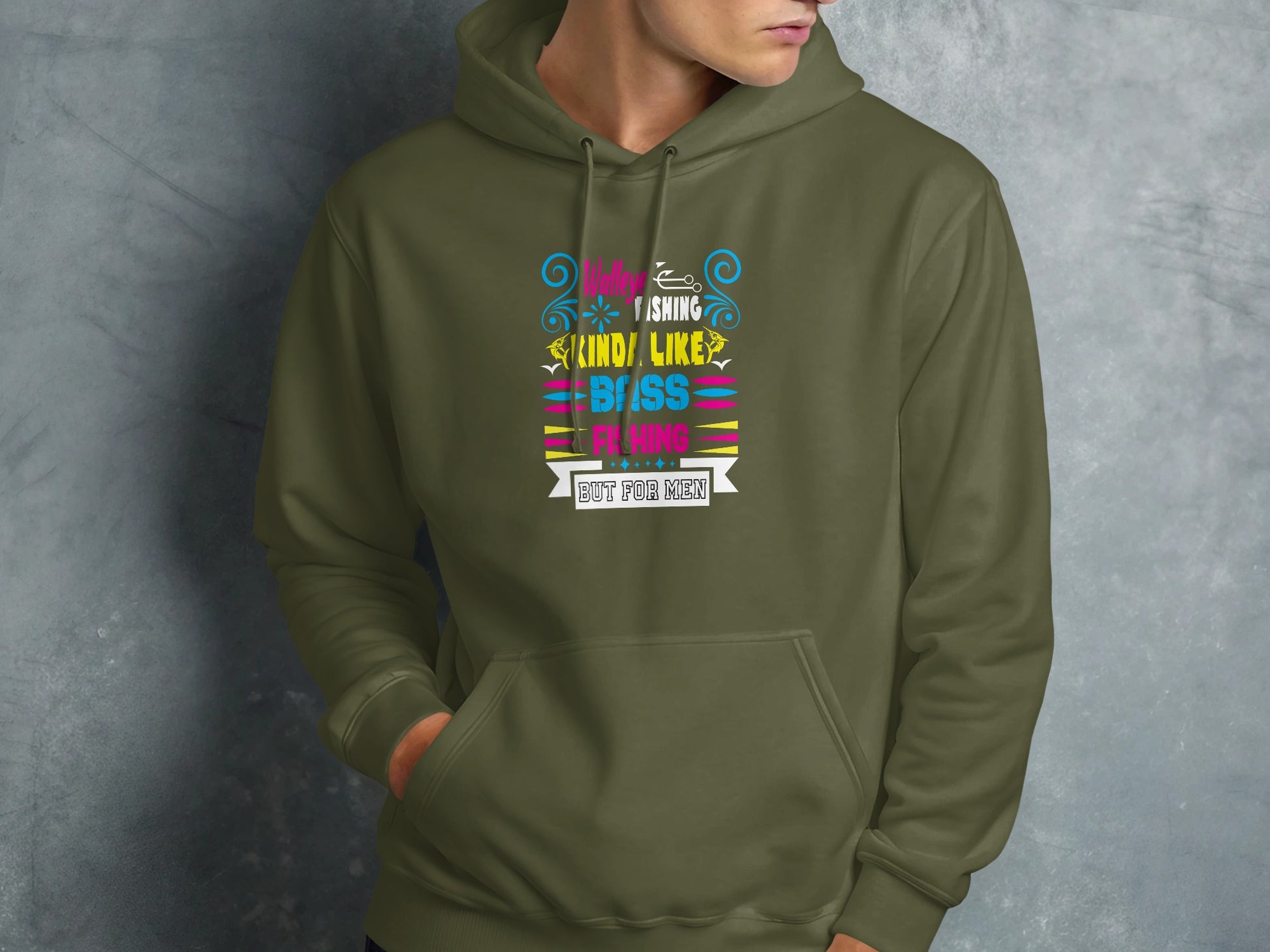 Olive green hoodie with "Valley Fishing," "Kind of like Bass Fishing, But for Men" text.