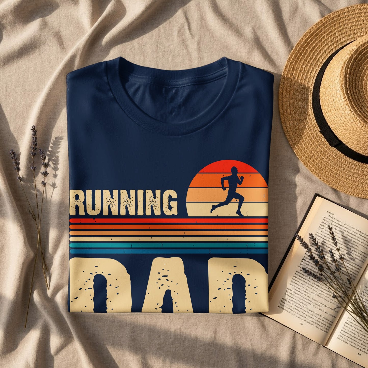 Navy t-shirt with "Running Dad" text and running silhouette.