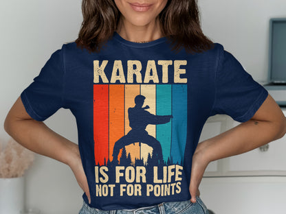 Navy t-shirt with silhouette of karate practitioner and text "Karate is for life, not for points."
