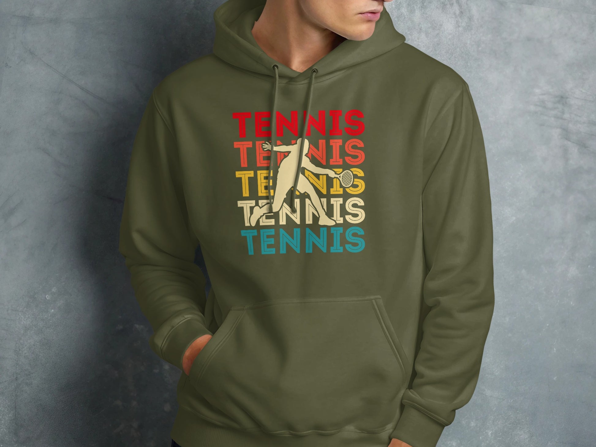 Green hoodie with "Tennis" repeated in stacked, distressed rainbow text.