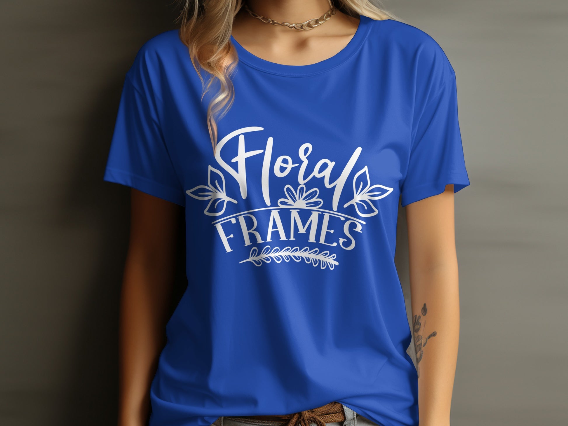 Stylish Blue Tee with Floral Frames Graphic Design