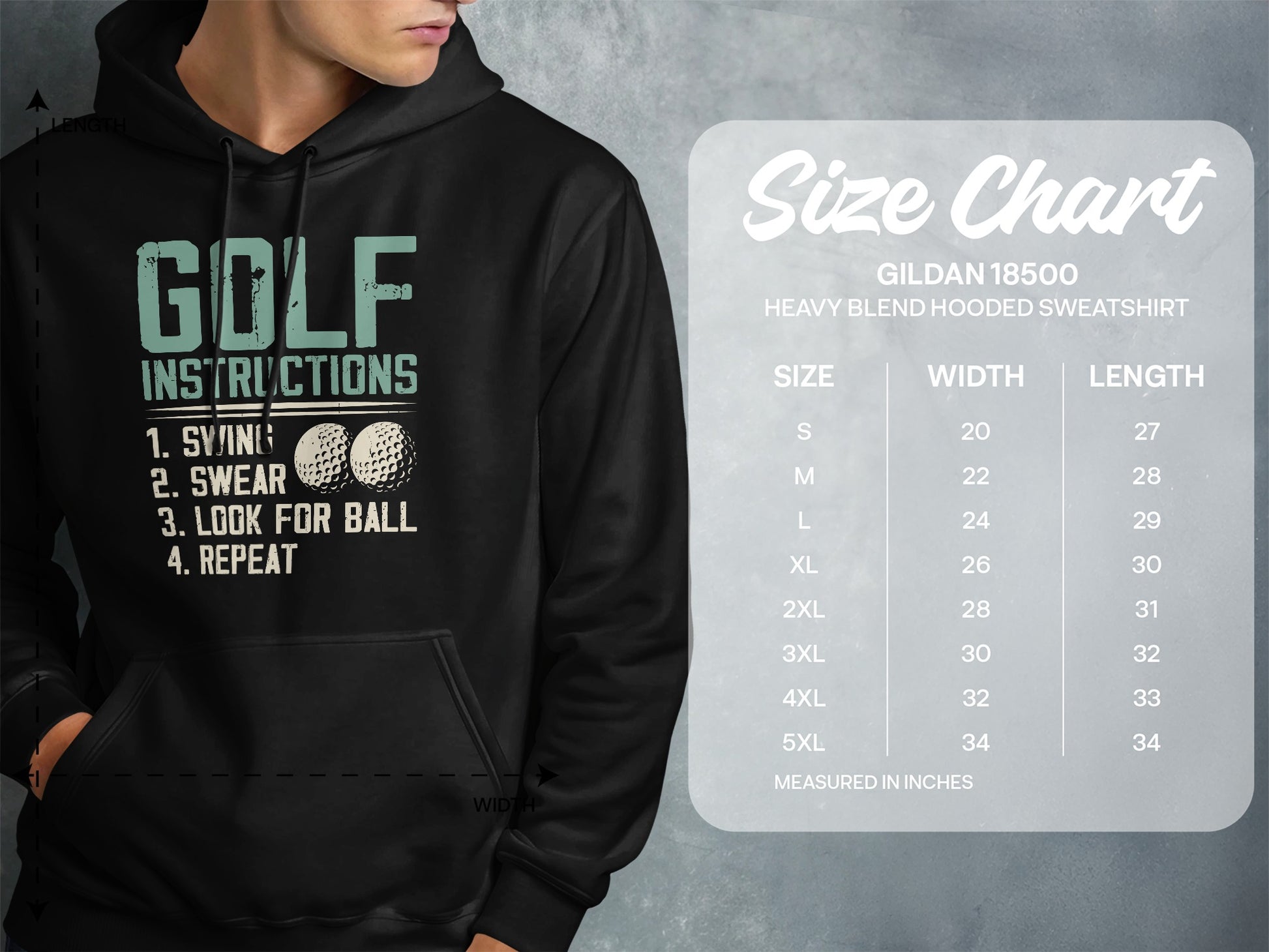 Gildan 18500 hooded sweatshirt size chart with golf instruction graphic.