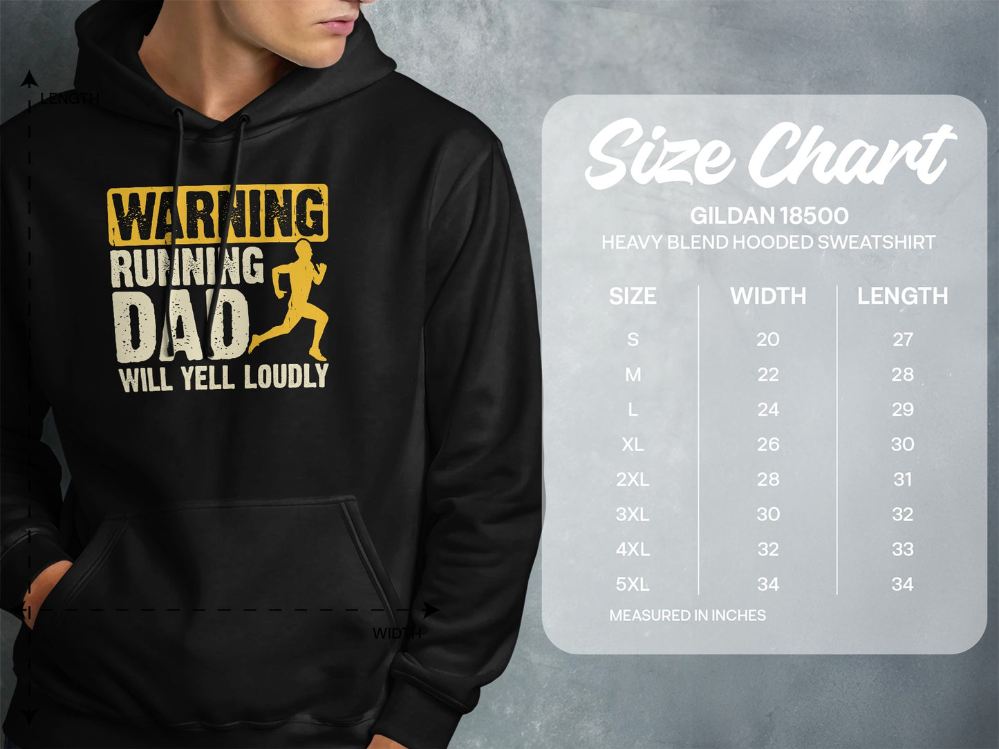 Black hoodie with "WARNING RUNNING DAD WILL YELL LOUDLY" graphic and size chart.