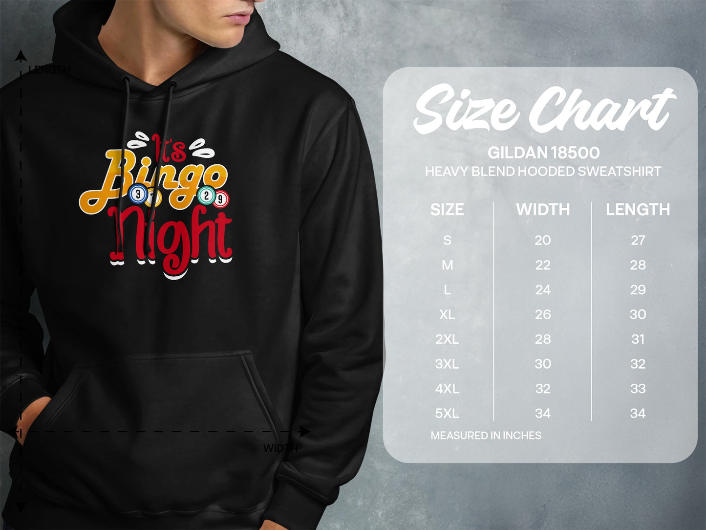 Black hoodie with "It's Bingo Night" graphic and size chart.
