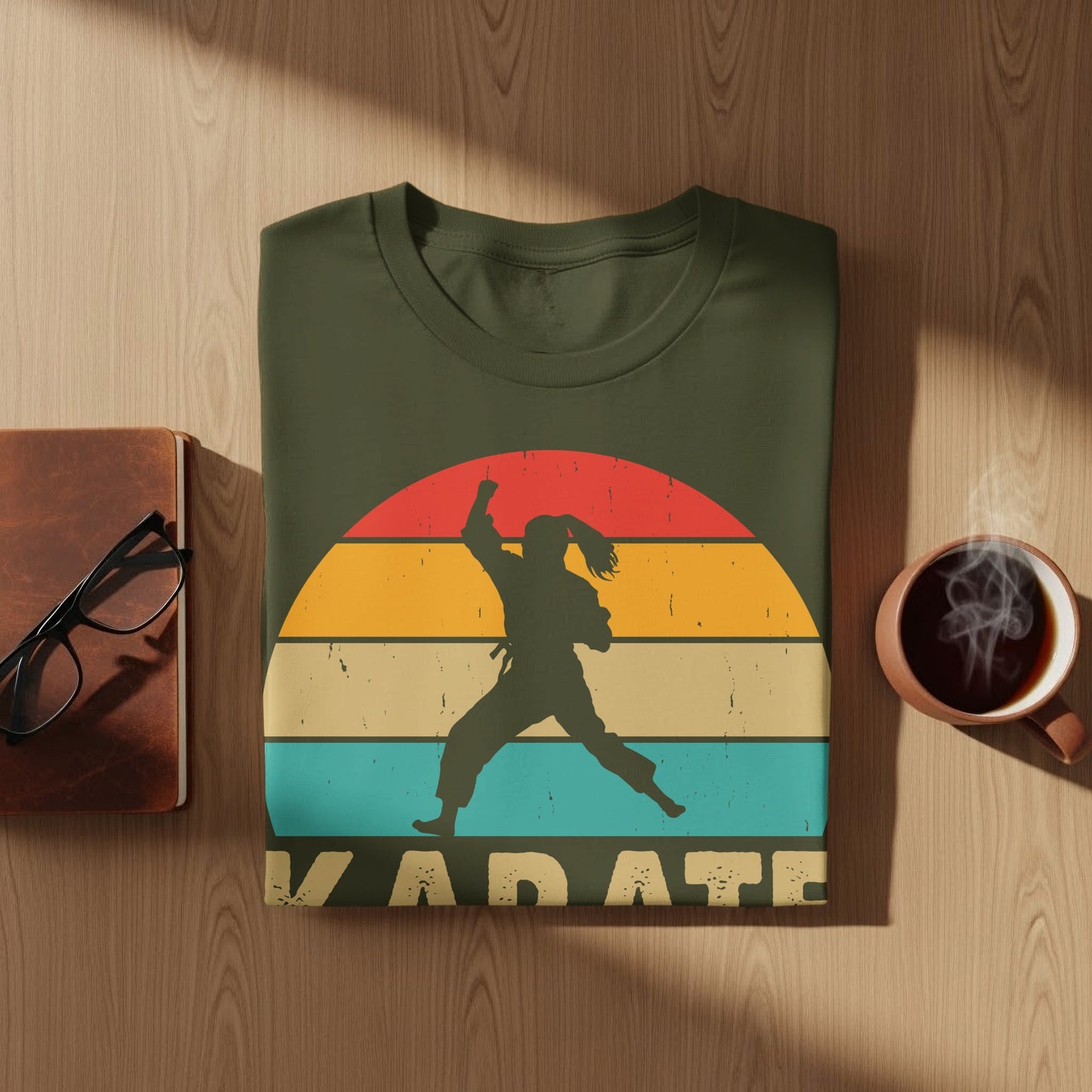 Olive green t-shirt with silhouette of a martial artist and "KARATE" text.