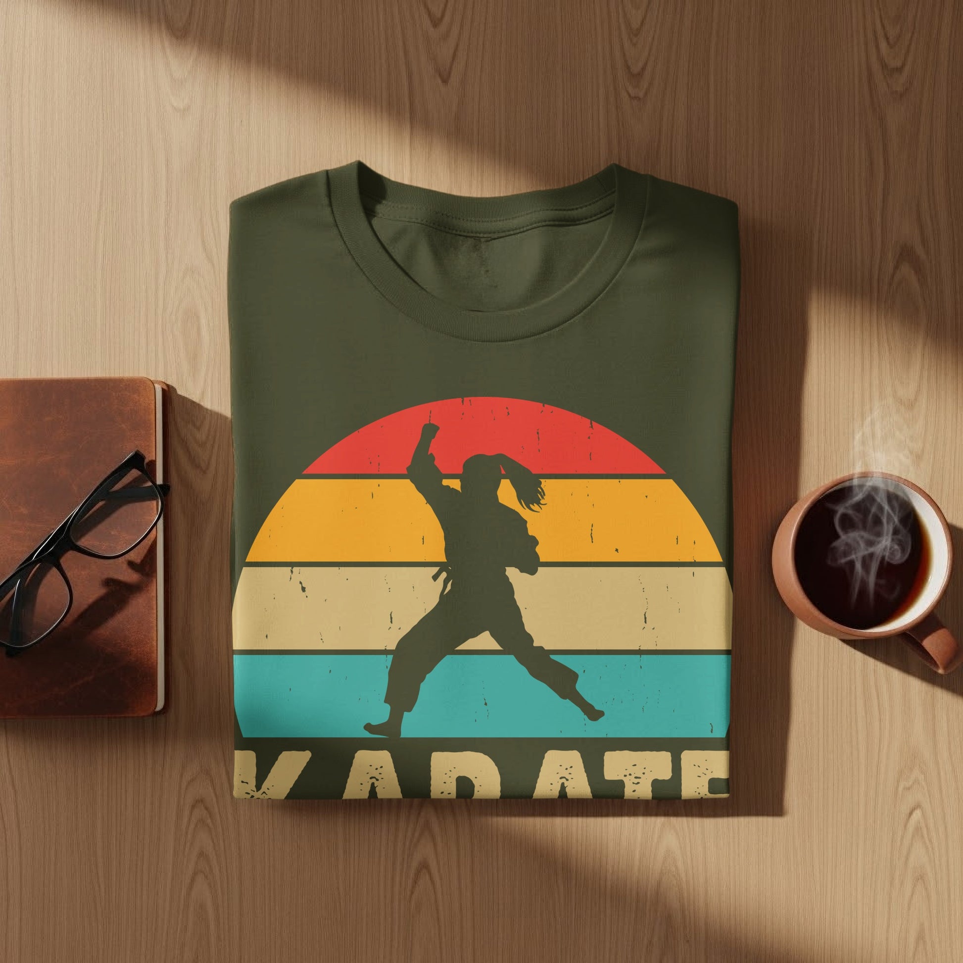 Olive green t-shirt with silhouette of a martial artist and "KARATE" text.