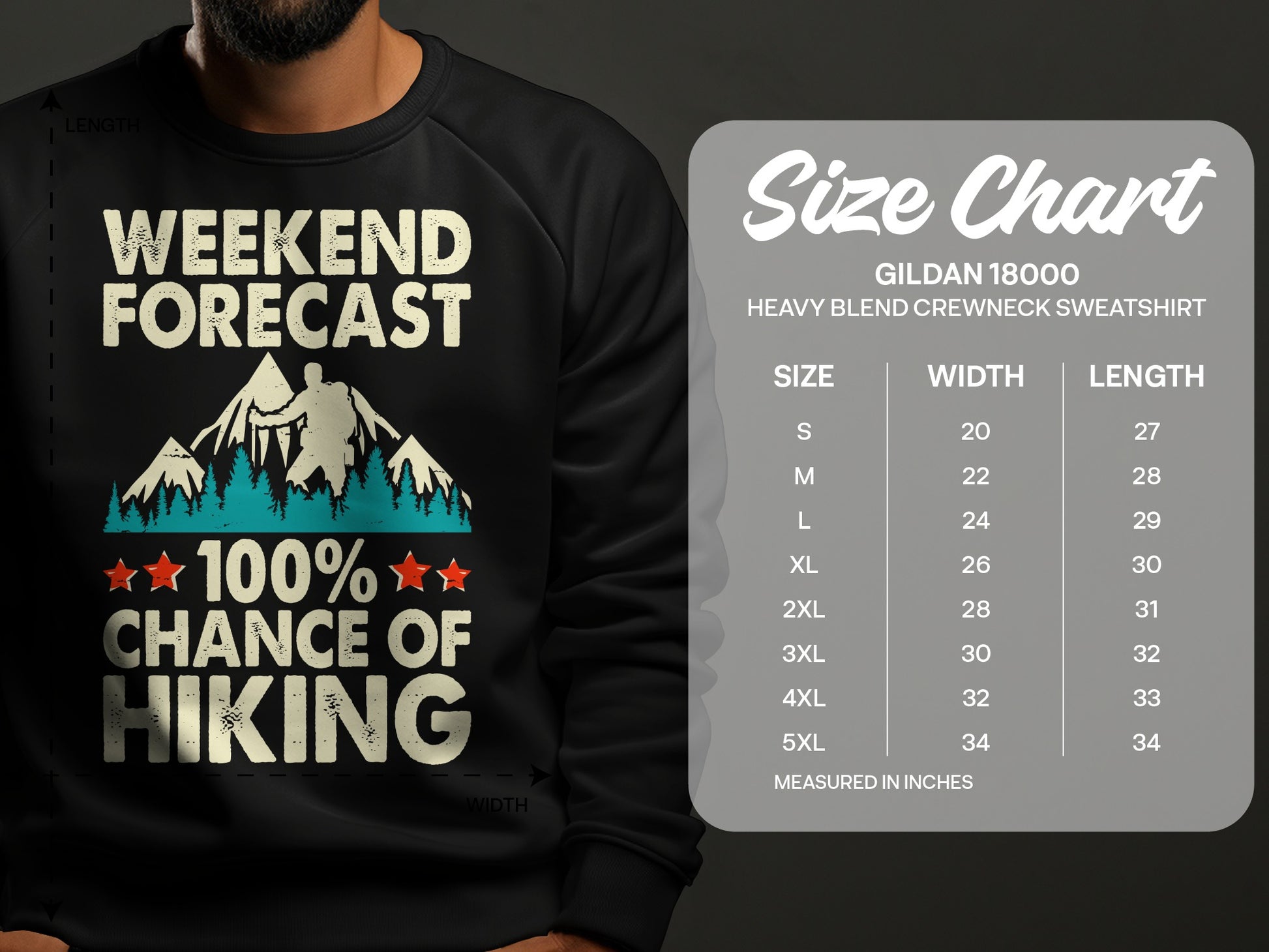Black sweatshirt with "Weekend Forecast 100% Chance of Hiking" graphic and size chart.