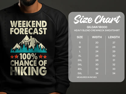 Black sweatshirt with "Weekend Forecast 100% Chance of Hiking" graphic and size chart.