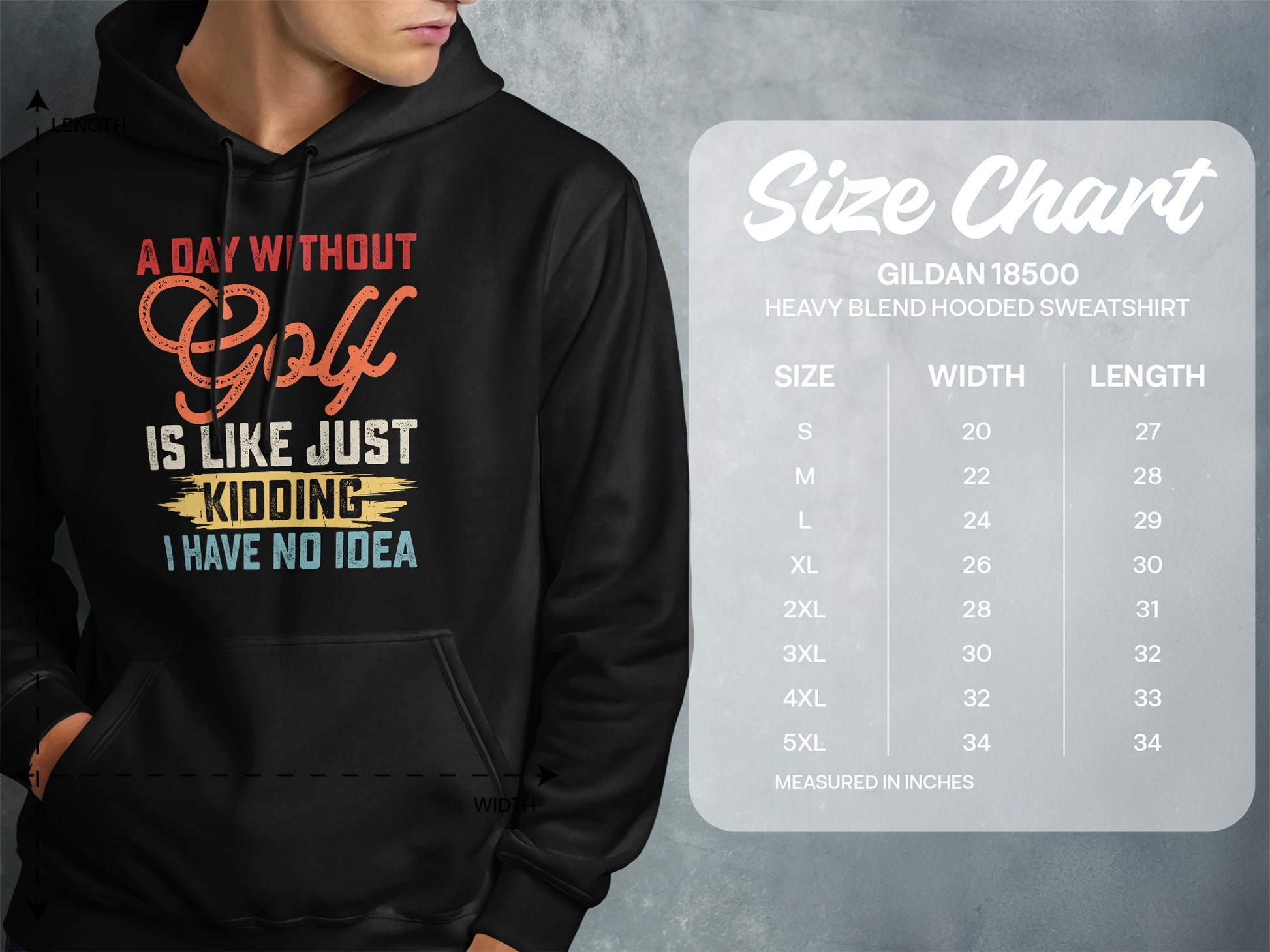 Gildan 18500 sweatshirt size chart with dimensions in inches.